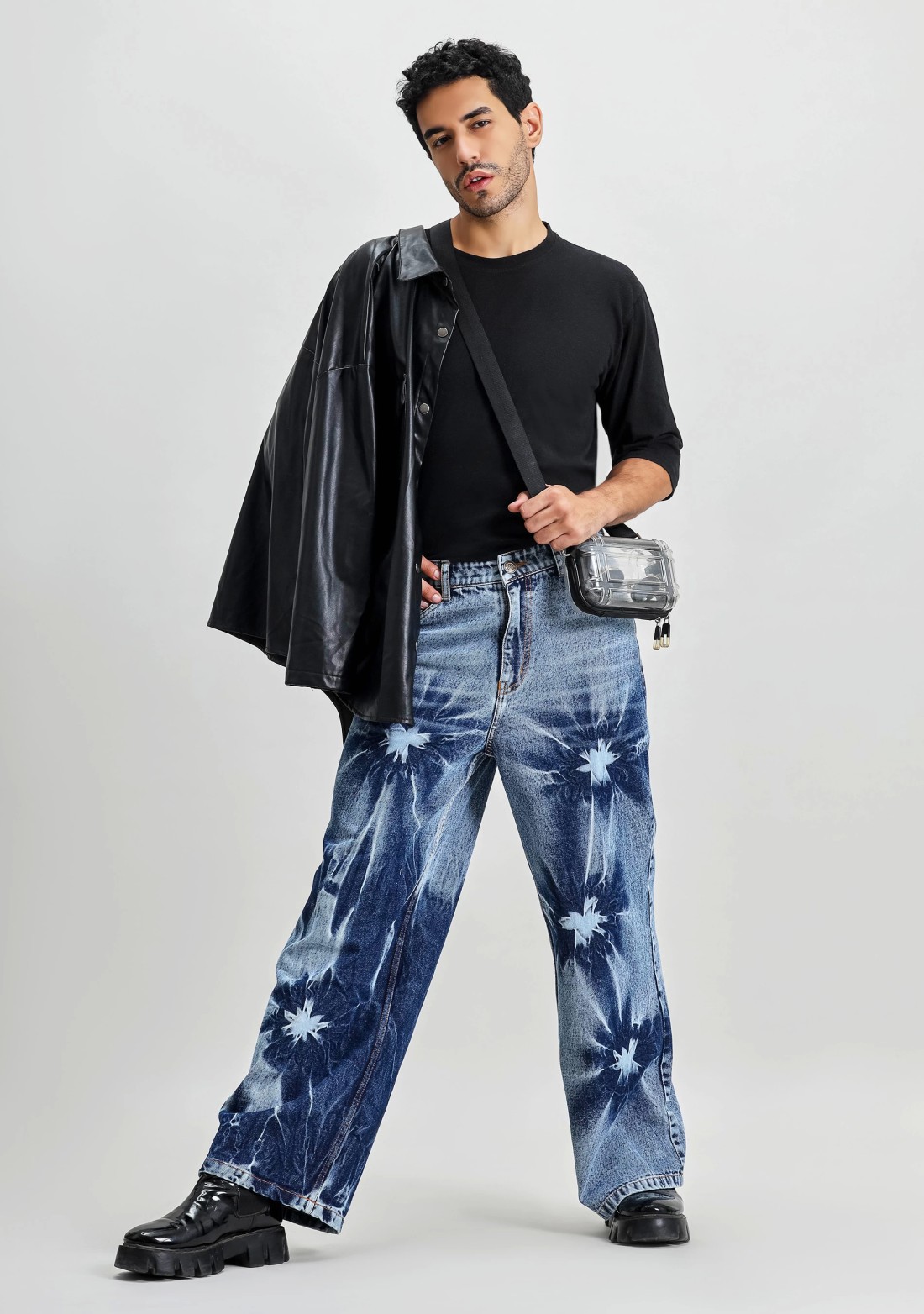 Blue Wide Leg Tie And Dye Men's Fashion Jeans