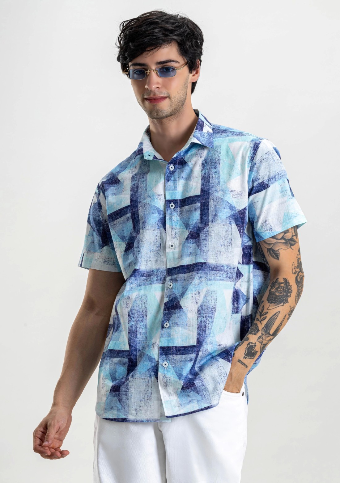 Blue Printed Regular Fit Men's Cotton Shirt