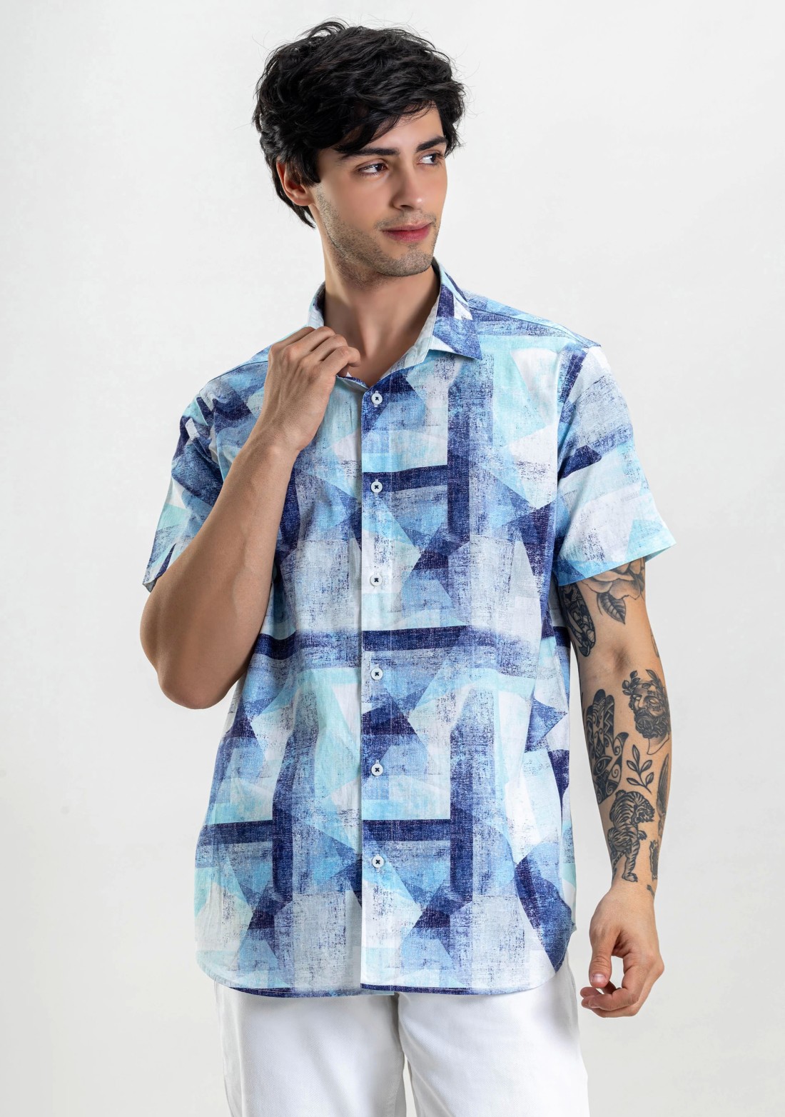 Blue Printed Regular Fit Men's Cotton Shirt