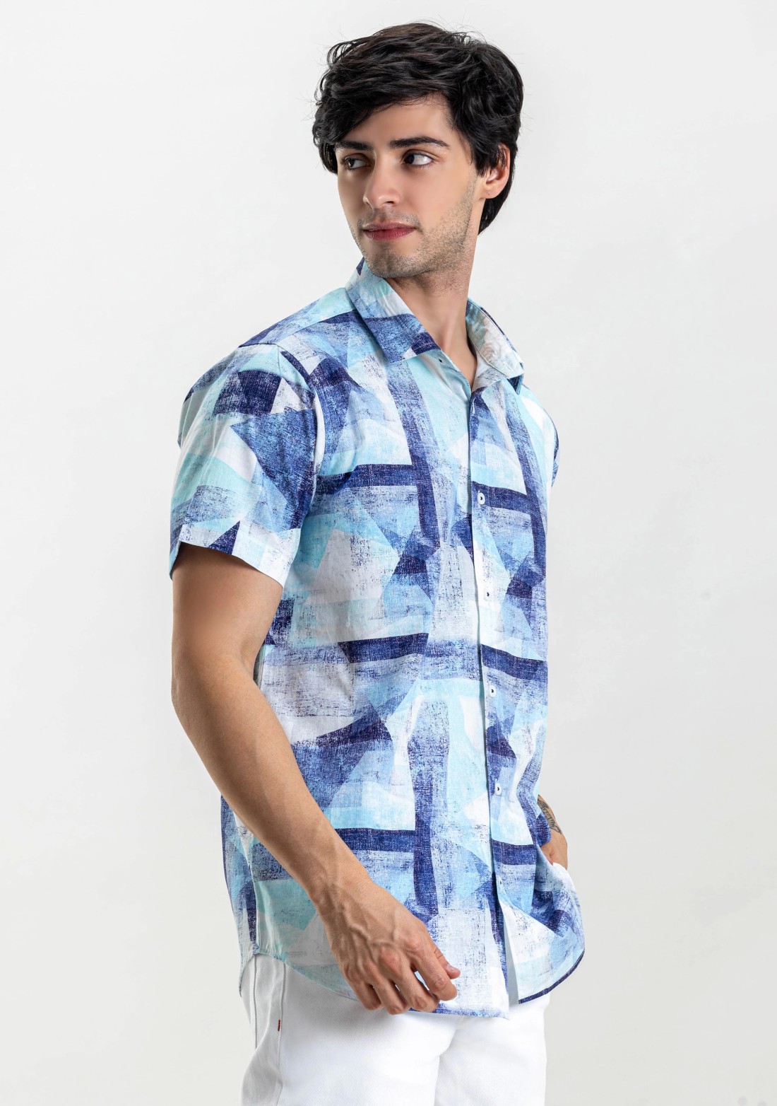 Blue Printed Regular Fit Men's Cotton Shirt