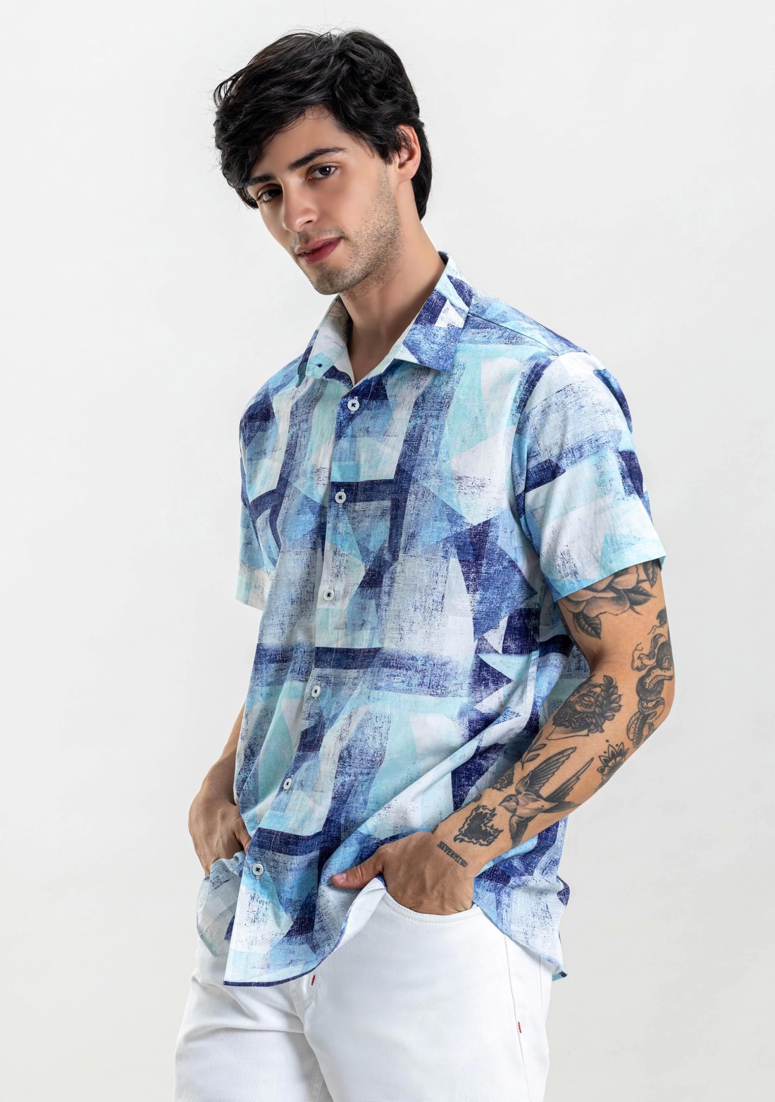 Blue Printed Regular Fit Men's Cotton Shirt