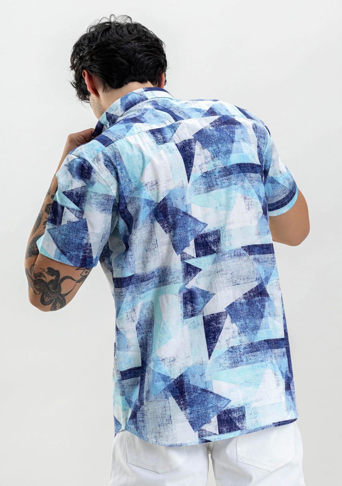 Blue Printed Regular Fit Men's Cotton Shirt