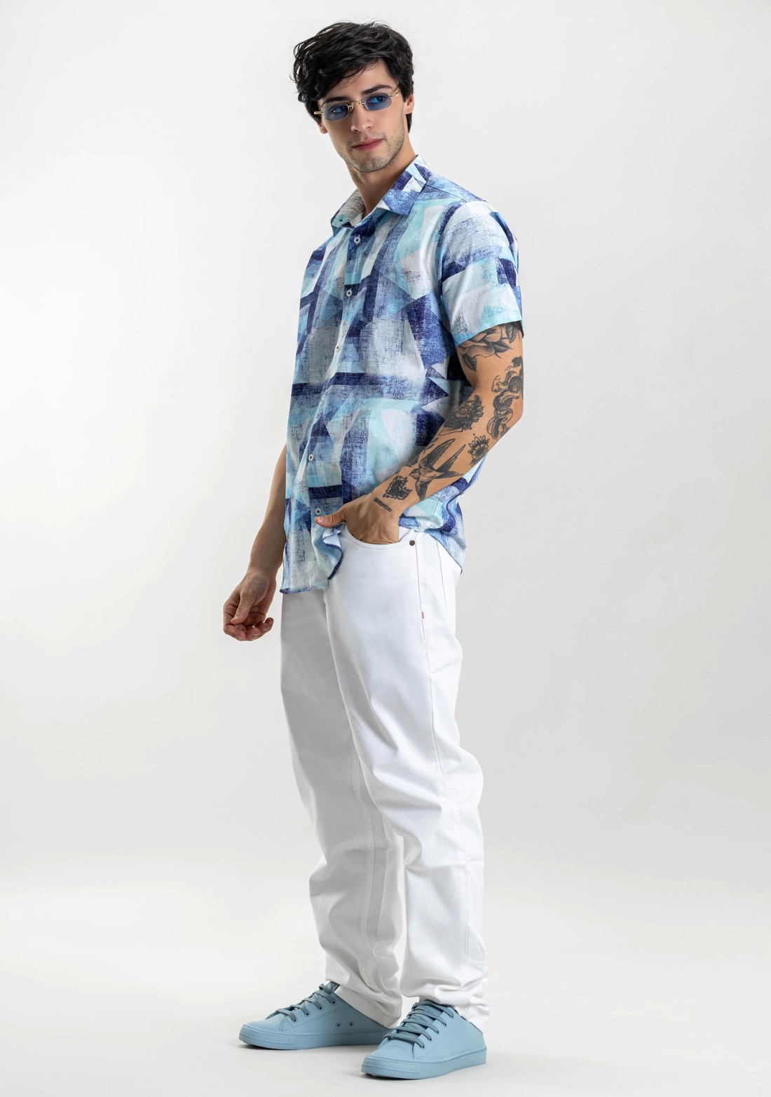 Blue Printed Regular Fit Men's Cotton Shirt