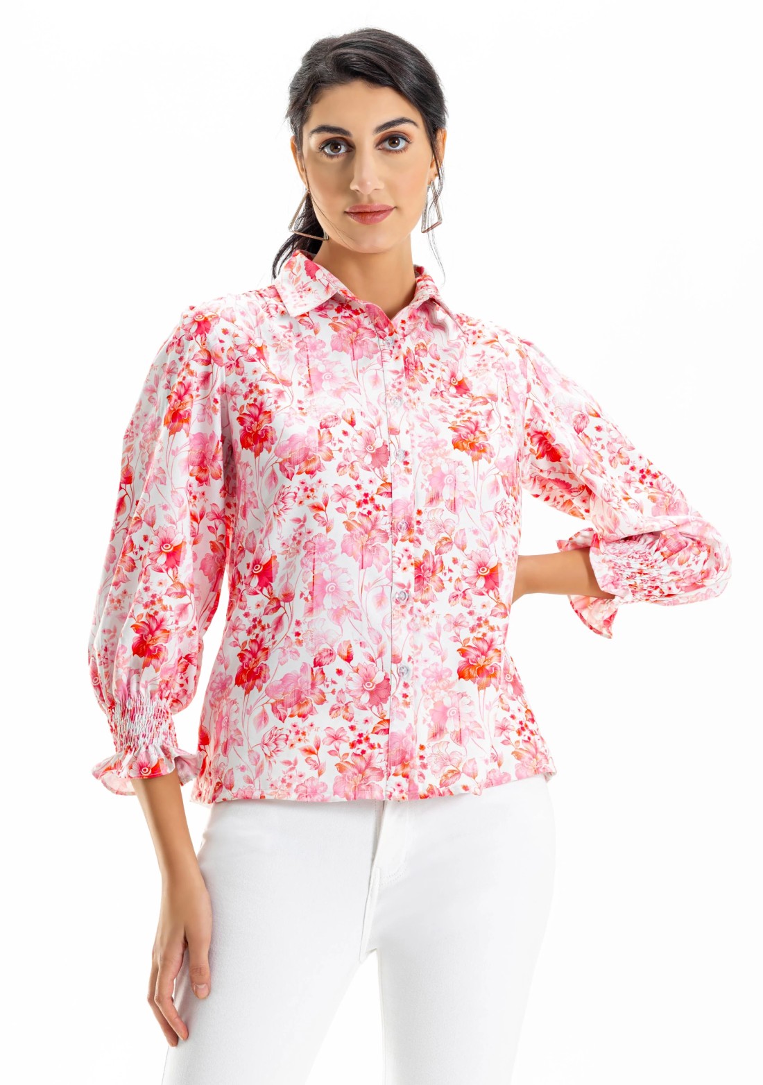 Pink and White Floral Print Button Down Shirt