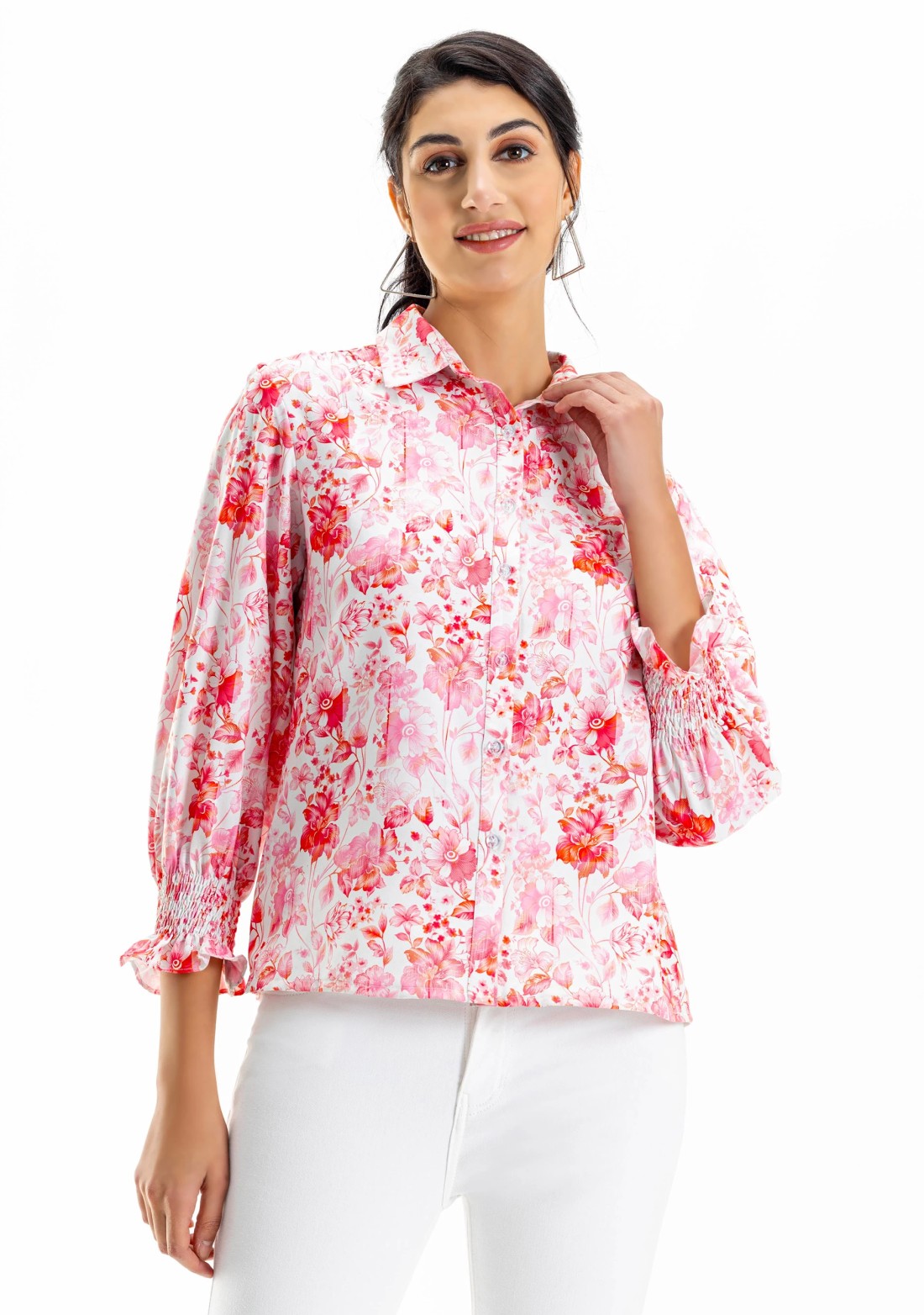 Pink and White Floral Print Button Down Shirt