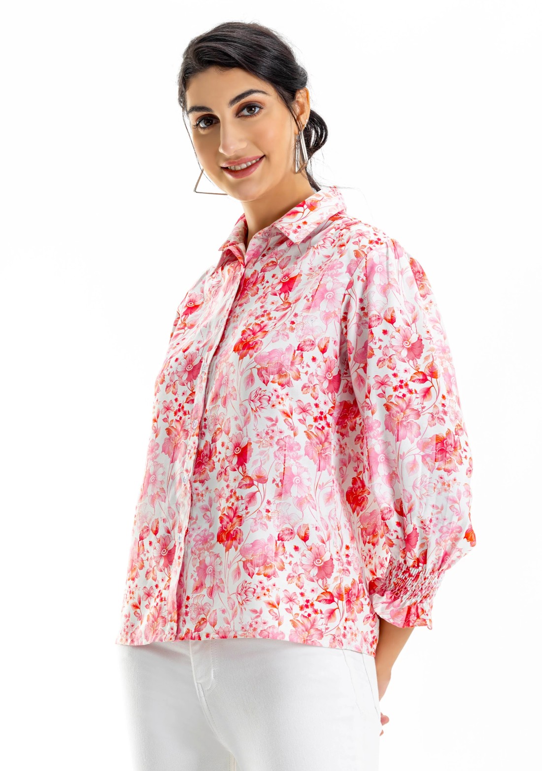 Pink and White Floral Print Button Down Shirt