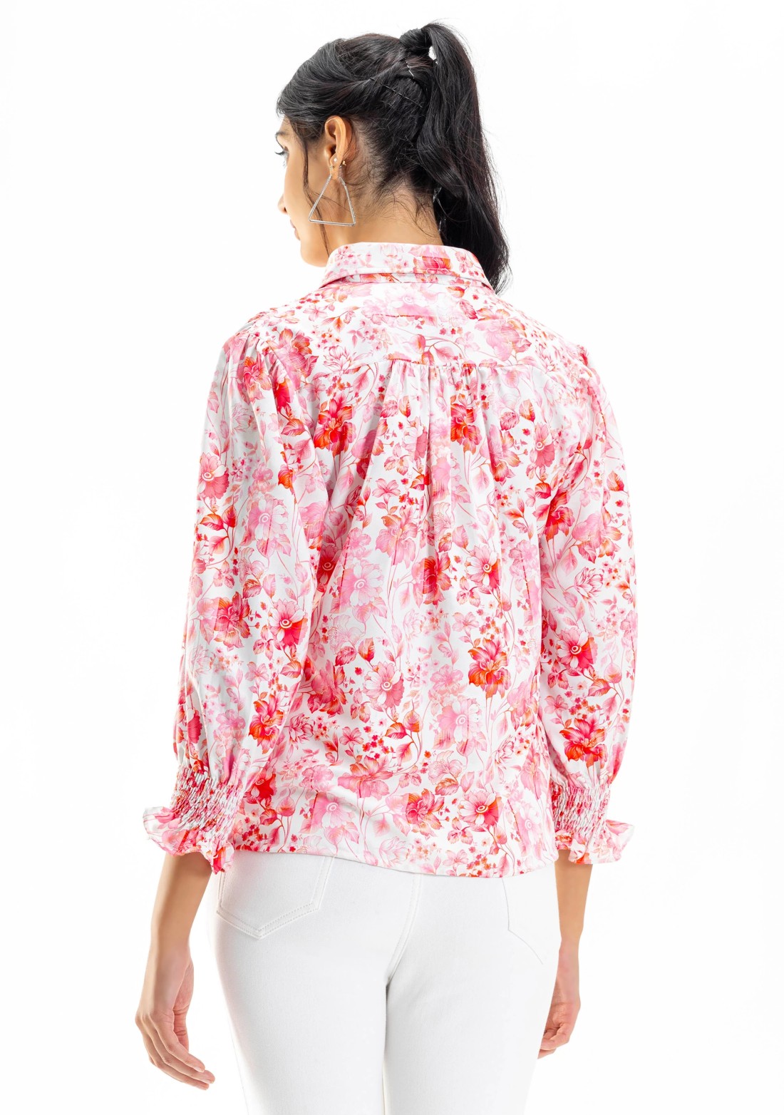 Pink and White Floral Print Button Down Shirt