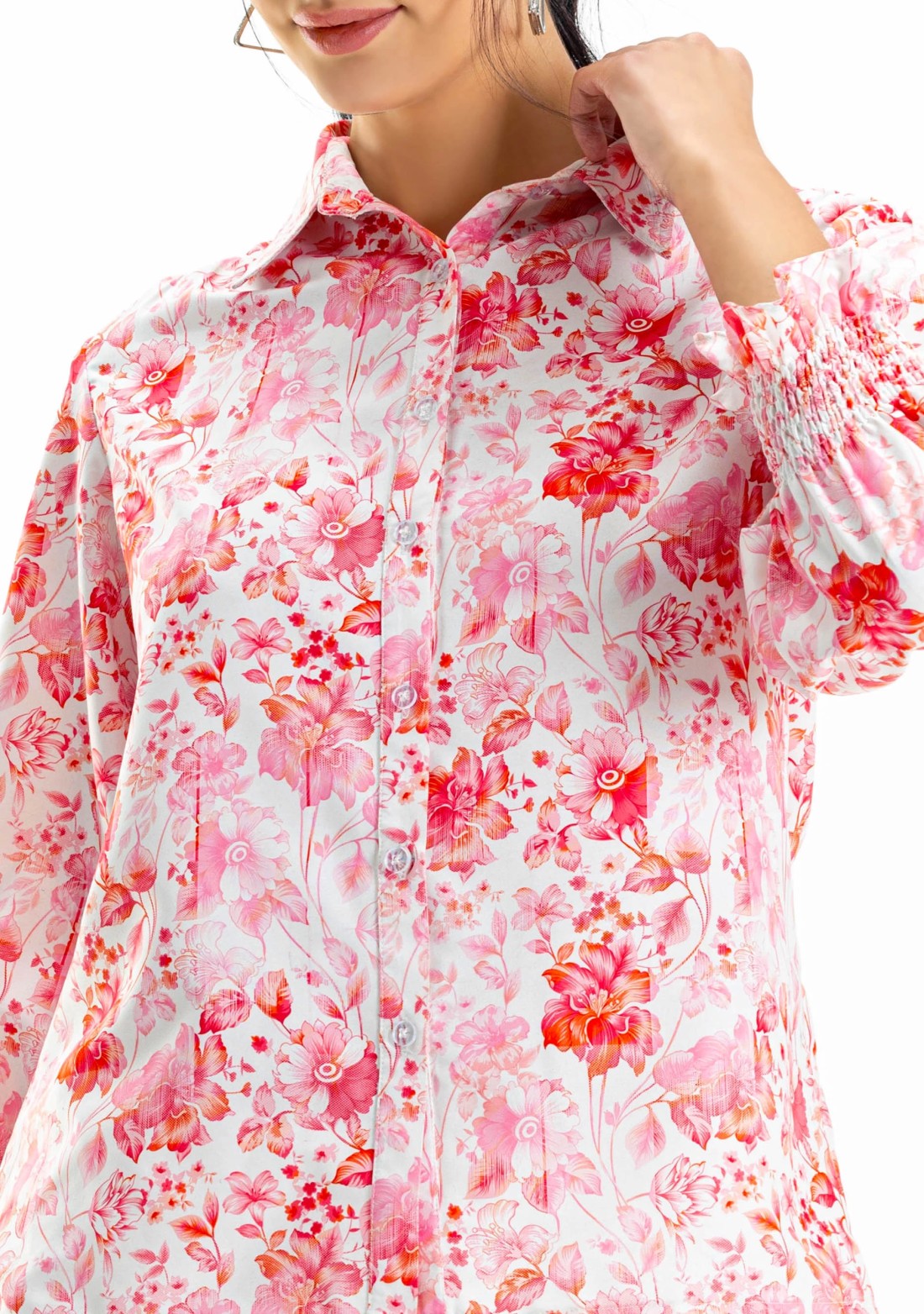 Pink and White Floral Print Button Down Shirt