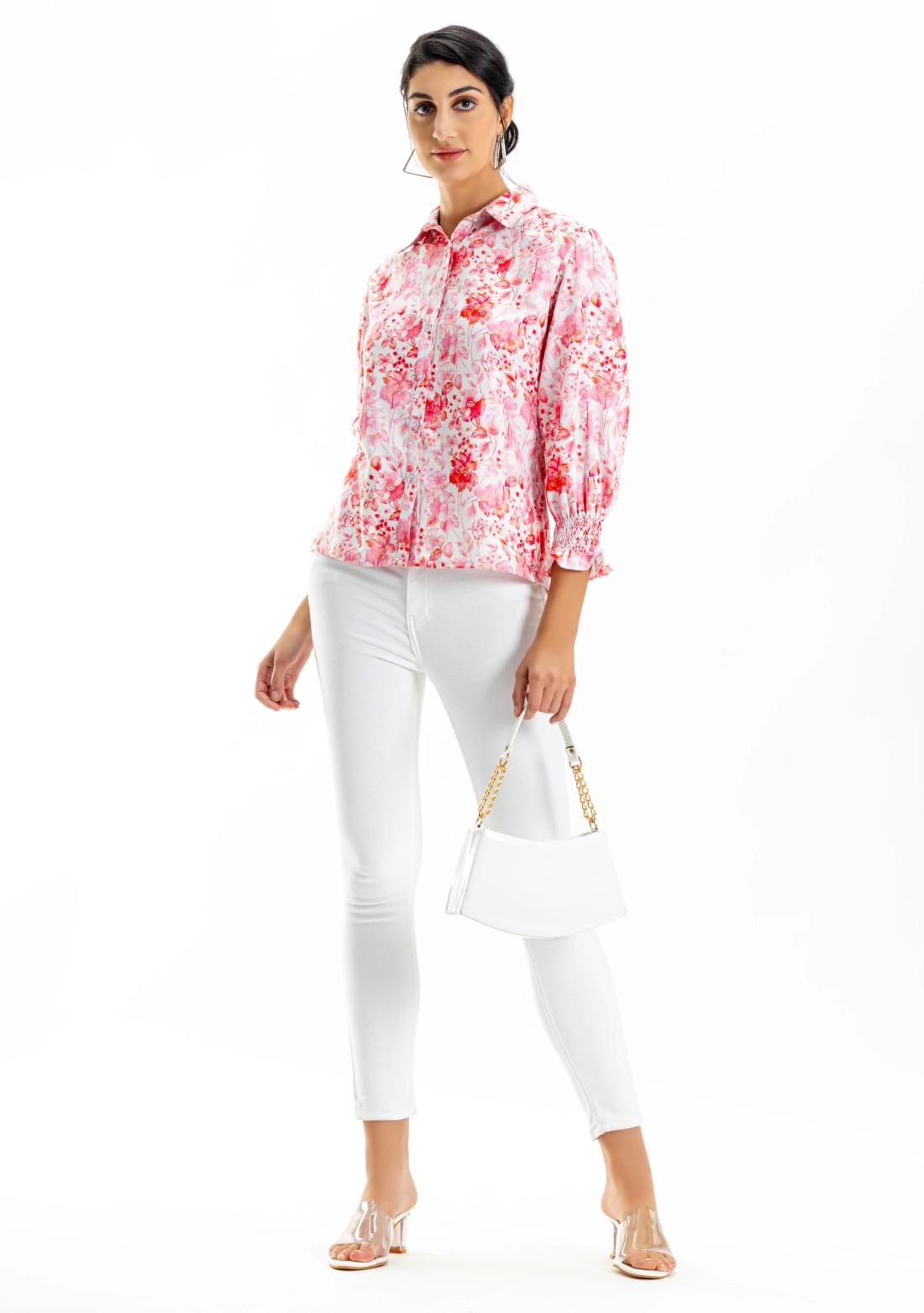 Pink and White Floral Print Button Down Shirt