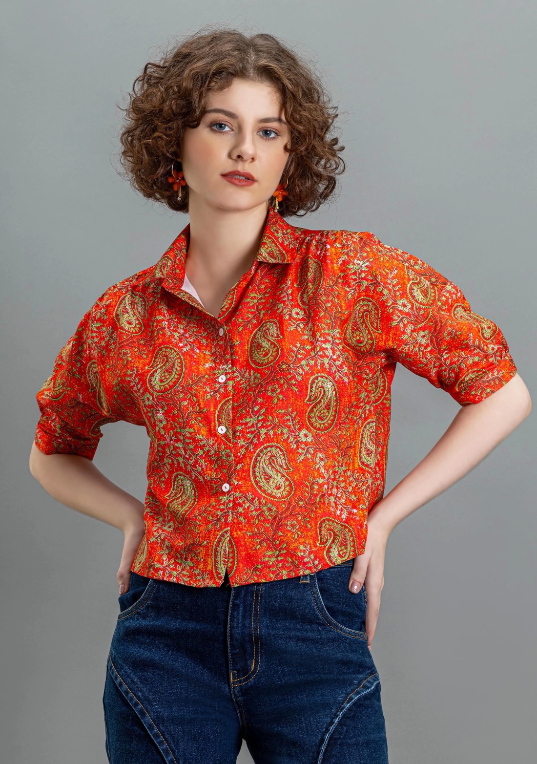 Orange Paisley Print Cotton Crop Shirt