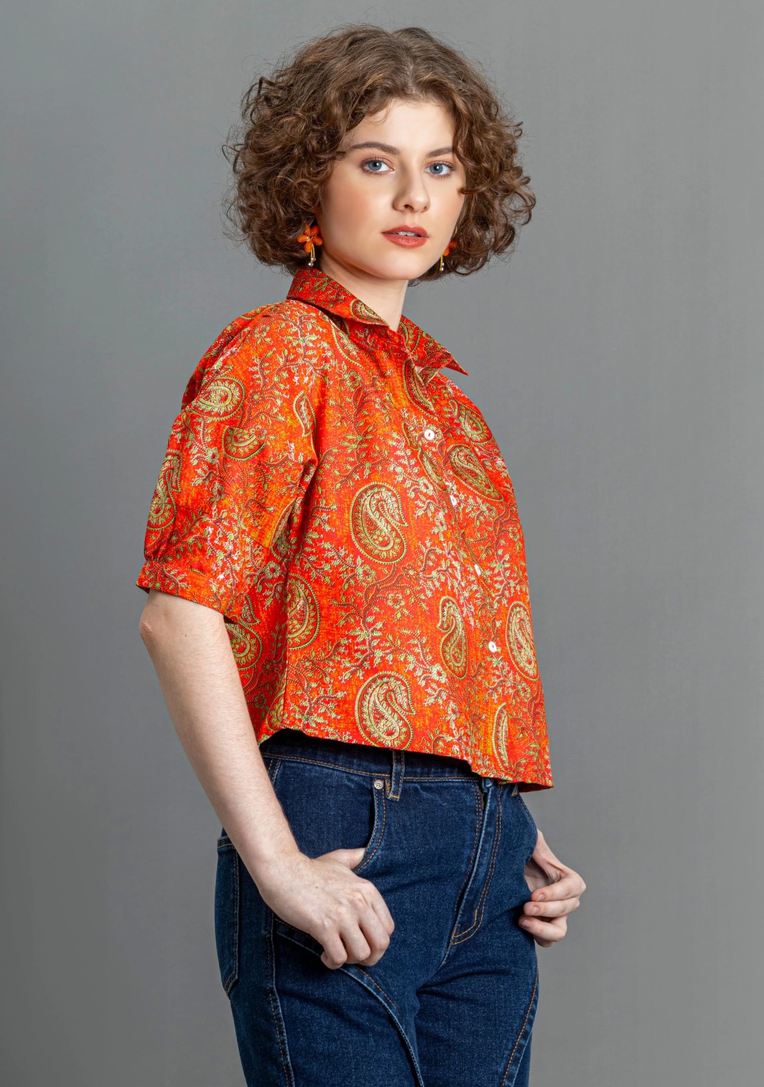 Orange Paisley Print Cotton Crop Shirt