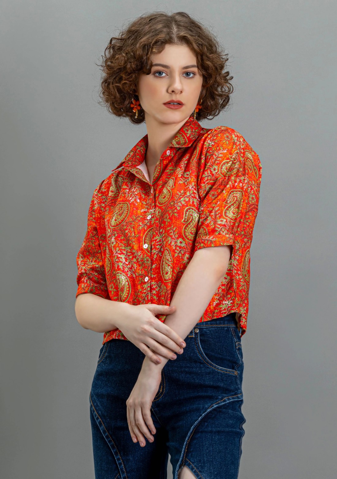 Orange Paisley Print Cotton Crop Shirt