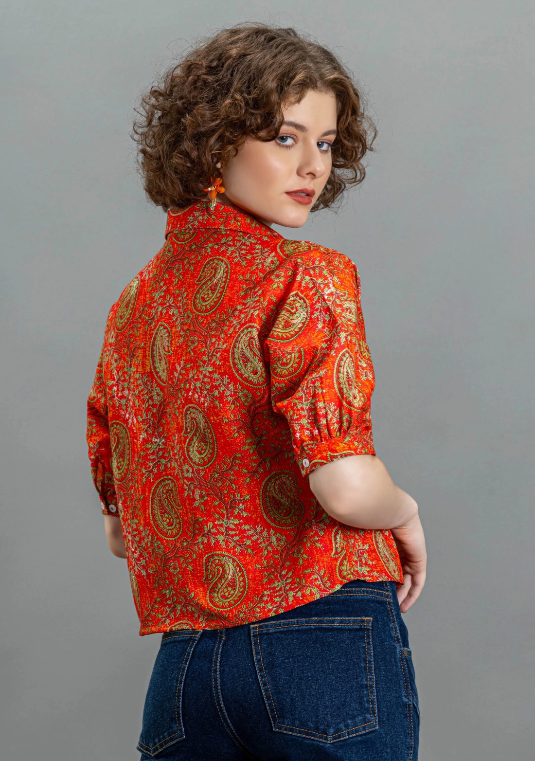 Orange Paisley Print Cotton Crop Shirt