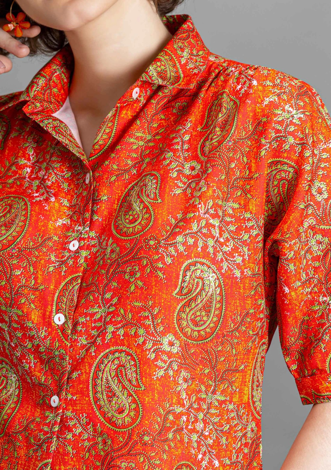 Orange Paisley Print Cotton Crop Shirt