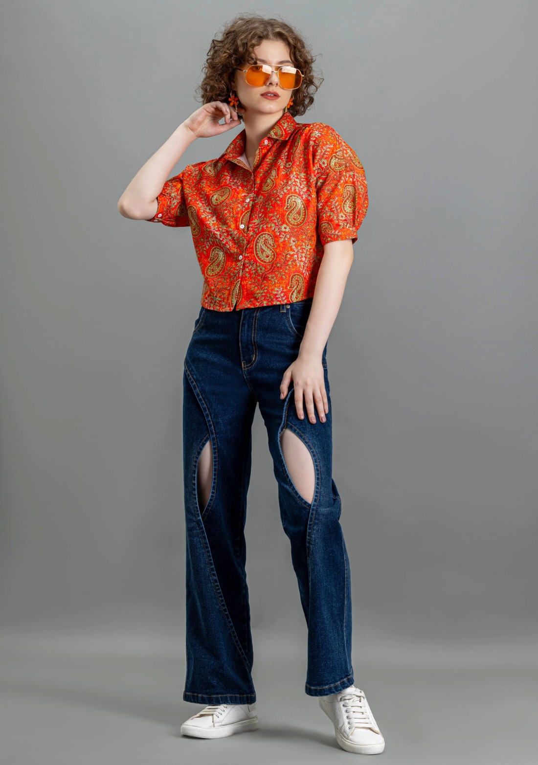 Orange Paisley Print Cotton Crop Shirt