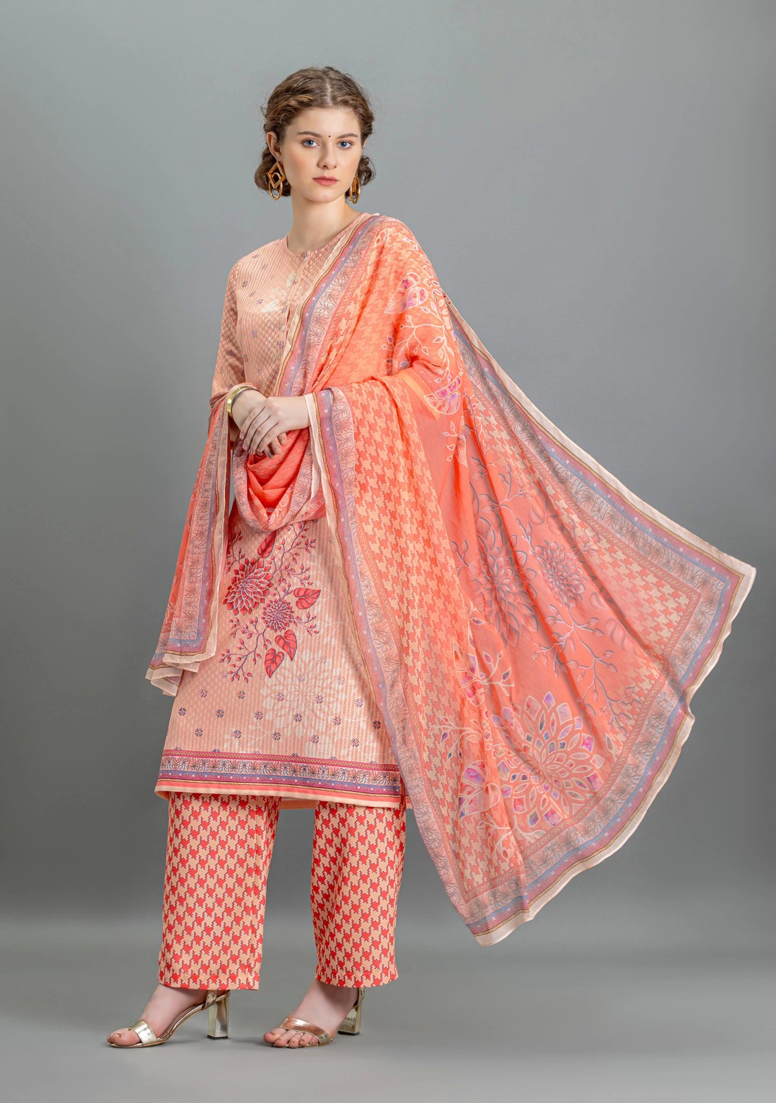 Coral Multi Print Straight Kurti with Pants and Dupatta Set