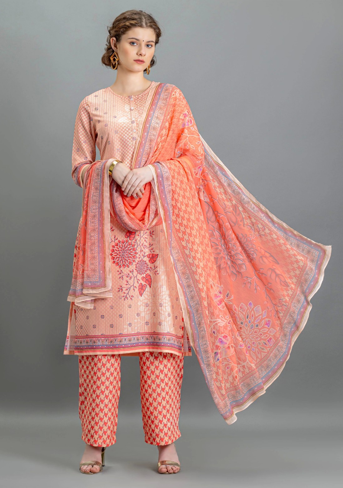 Coral Multi Print Straight Kurti with Pants and Dupatta Set