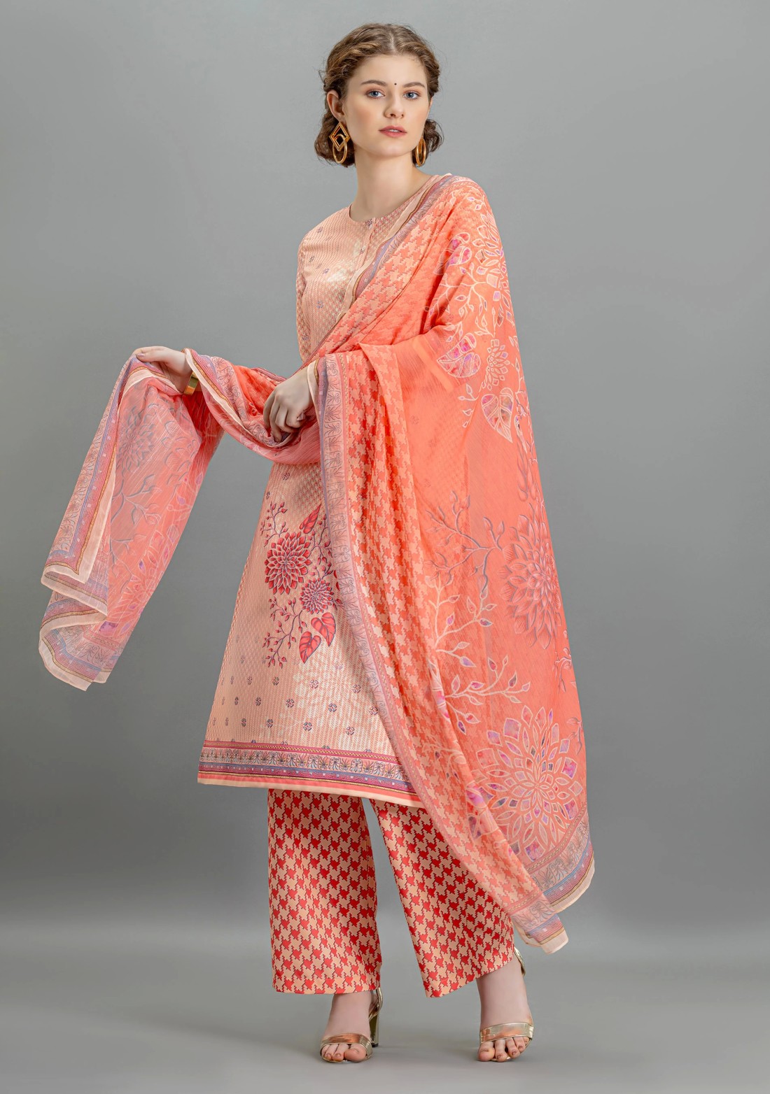 Coral Multi Print Straight Kurti with Pants and Dupatta Set