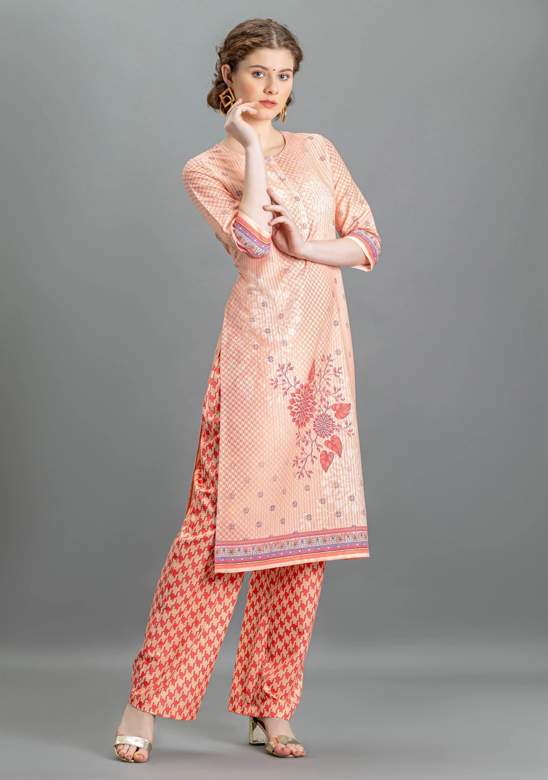 Coral Multi Print Straight Kurti with Pants and Dupatta Set