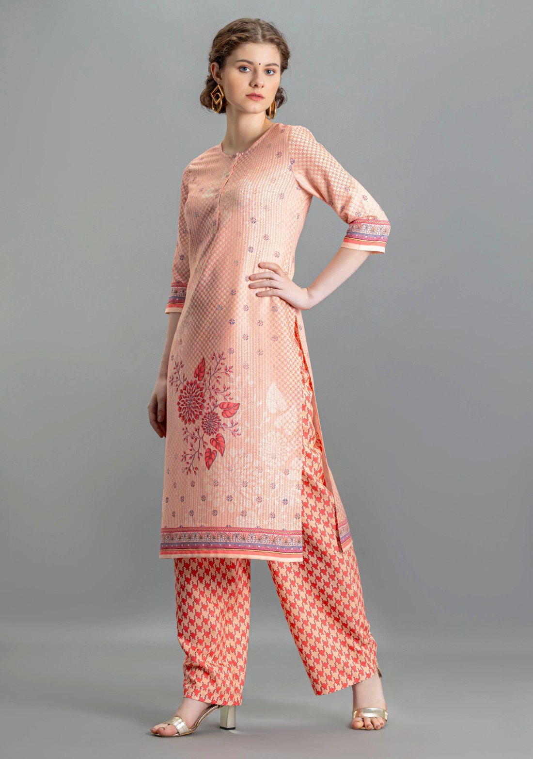 Coral Multi Print Straight Kurti with Pants and Dupatta Set