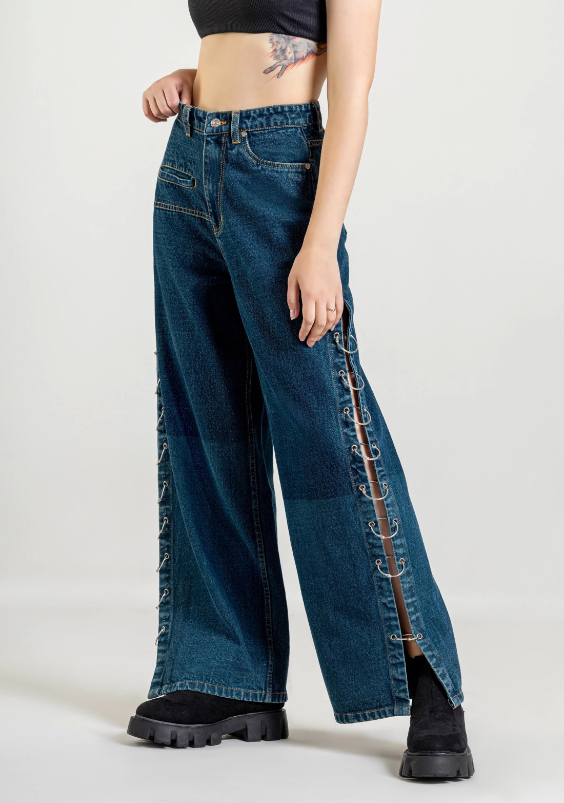 Ocean Blue Wide Leg Side Open Style Jeans