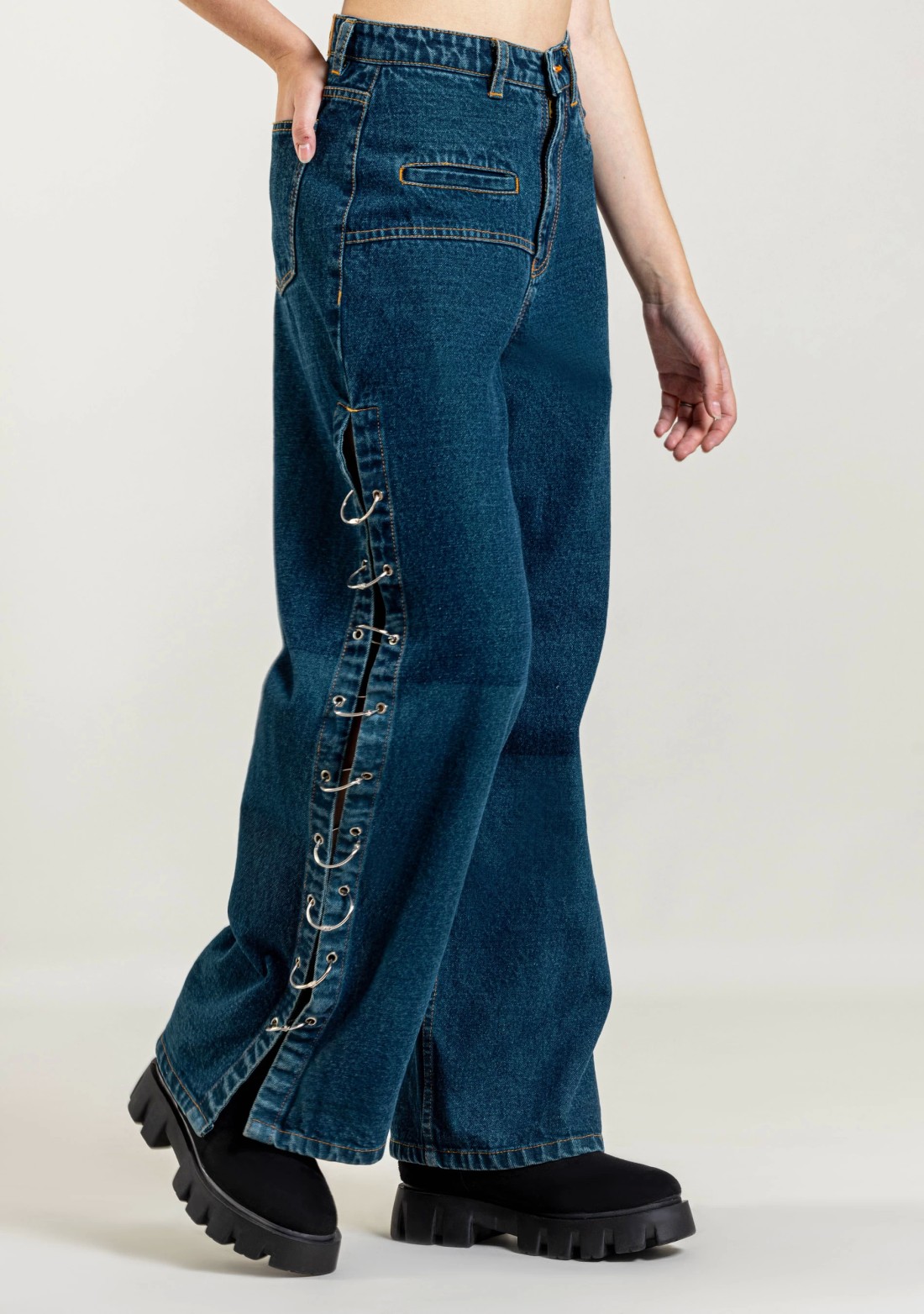 Ocean Blue Wide Leg Side Open Style Jeans