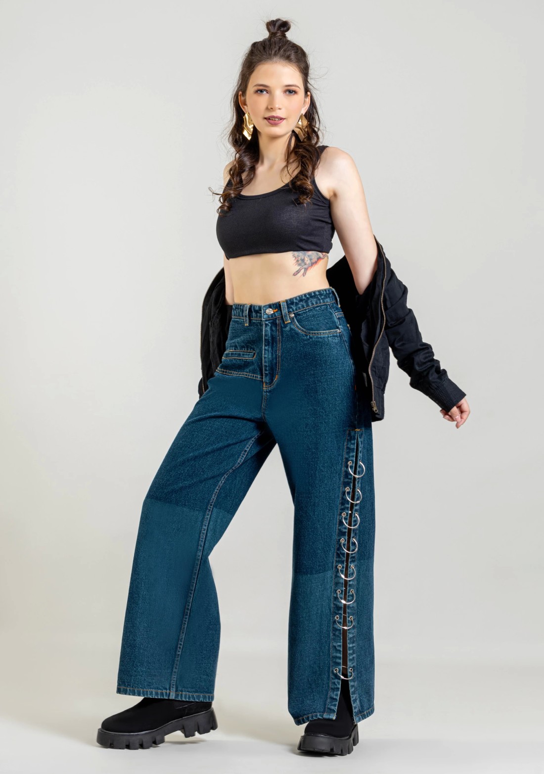 Ocean Blue Wide Leg Side Open Style Jeans