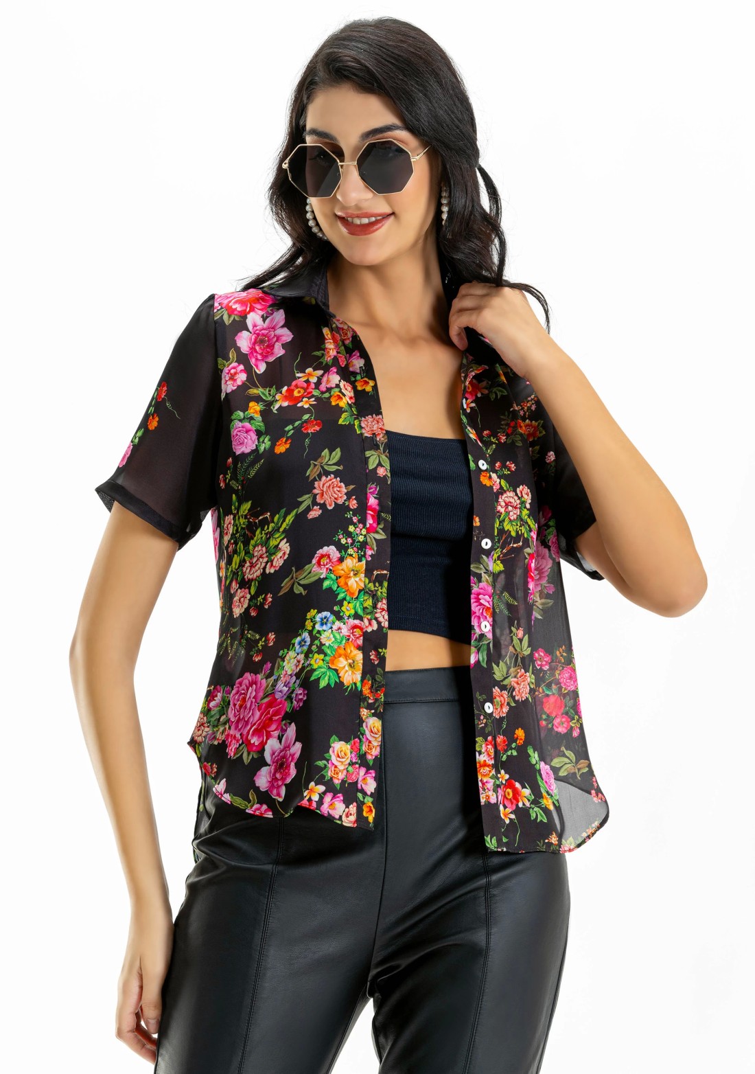 Black Floral Print Satin Georgette Shirt