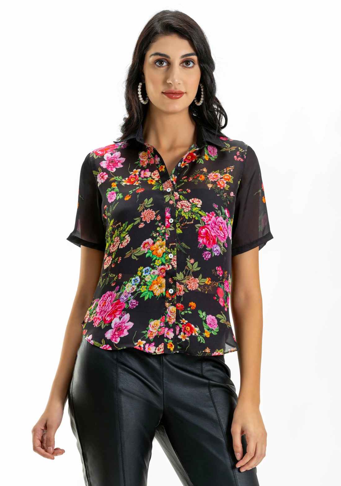 Black Floral Print Satin Georgette Shirt