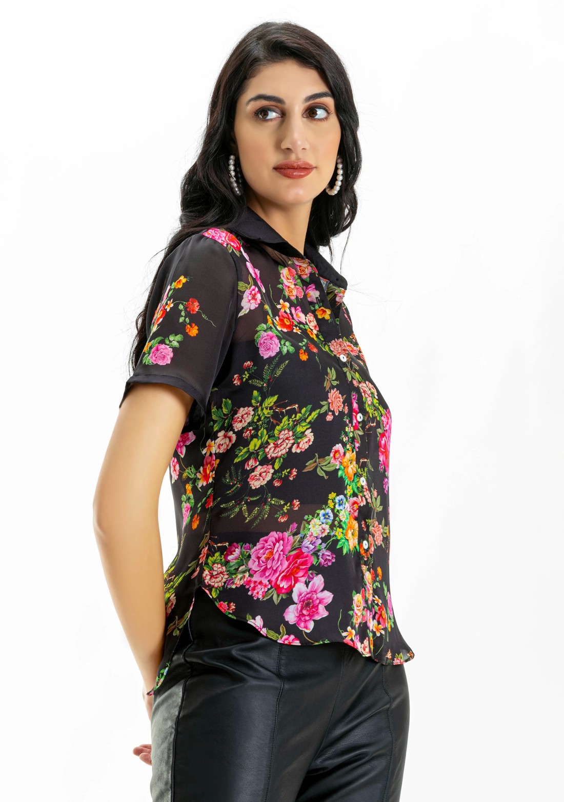 Black Floral Print Satin Georgette Shirt