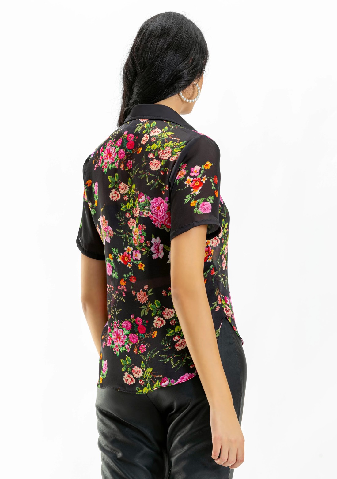 Black Floral Print Satin Georgette Shirt