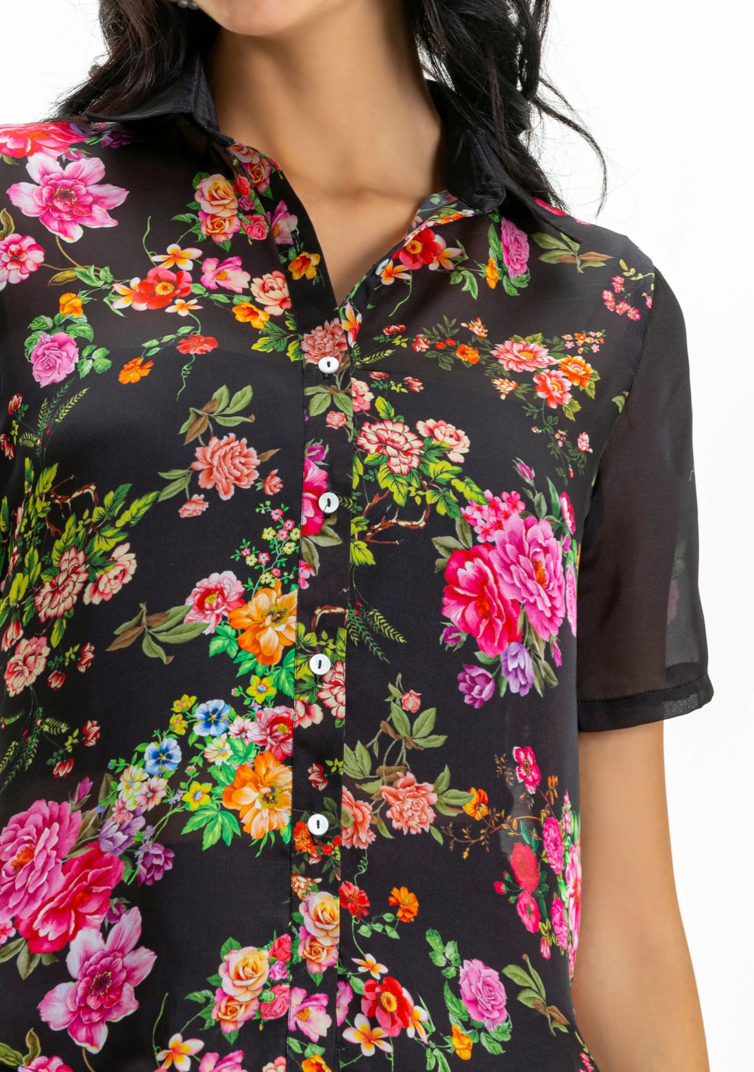 Black Floral Print Satin Georgette Shirt