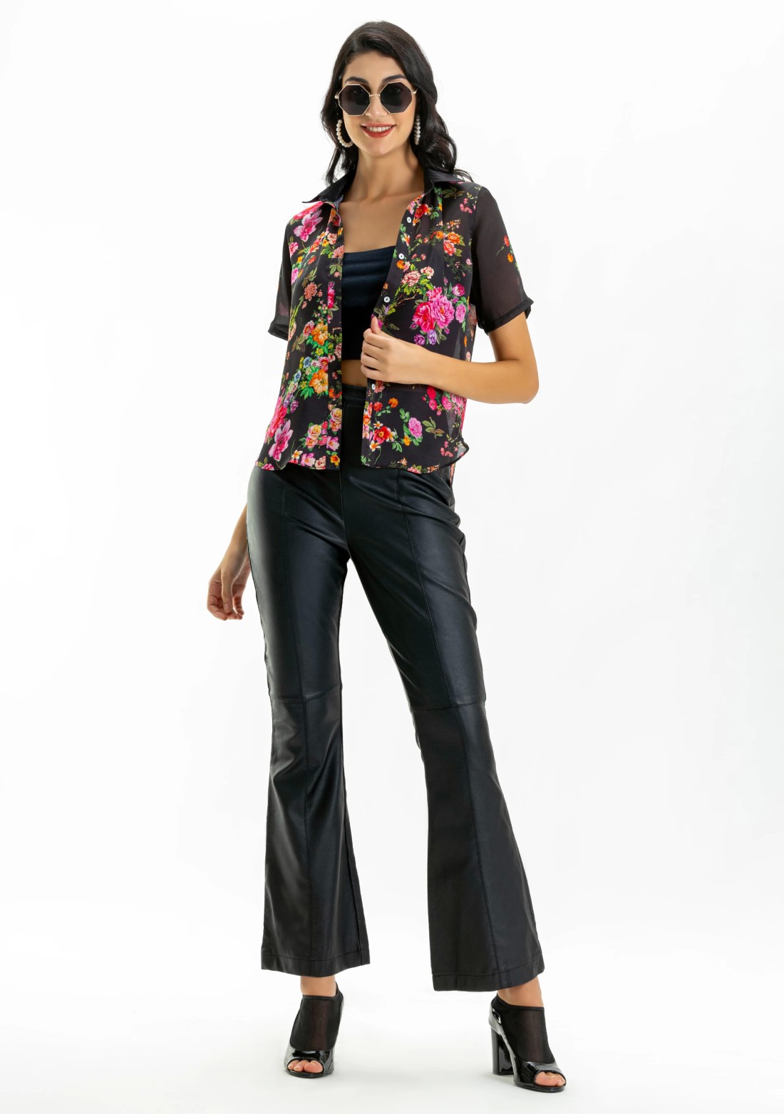 Black Floral Print Satin Georgette Shirt