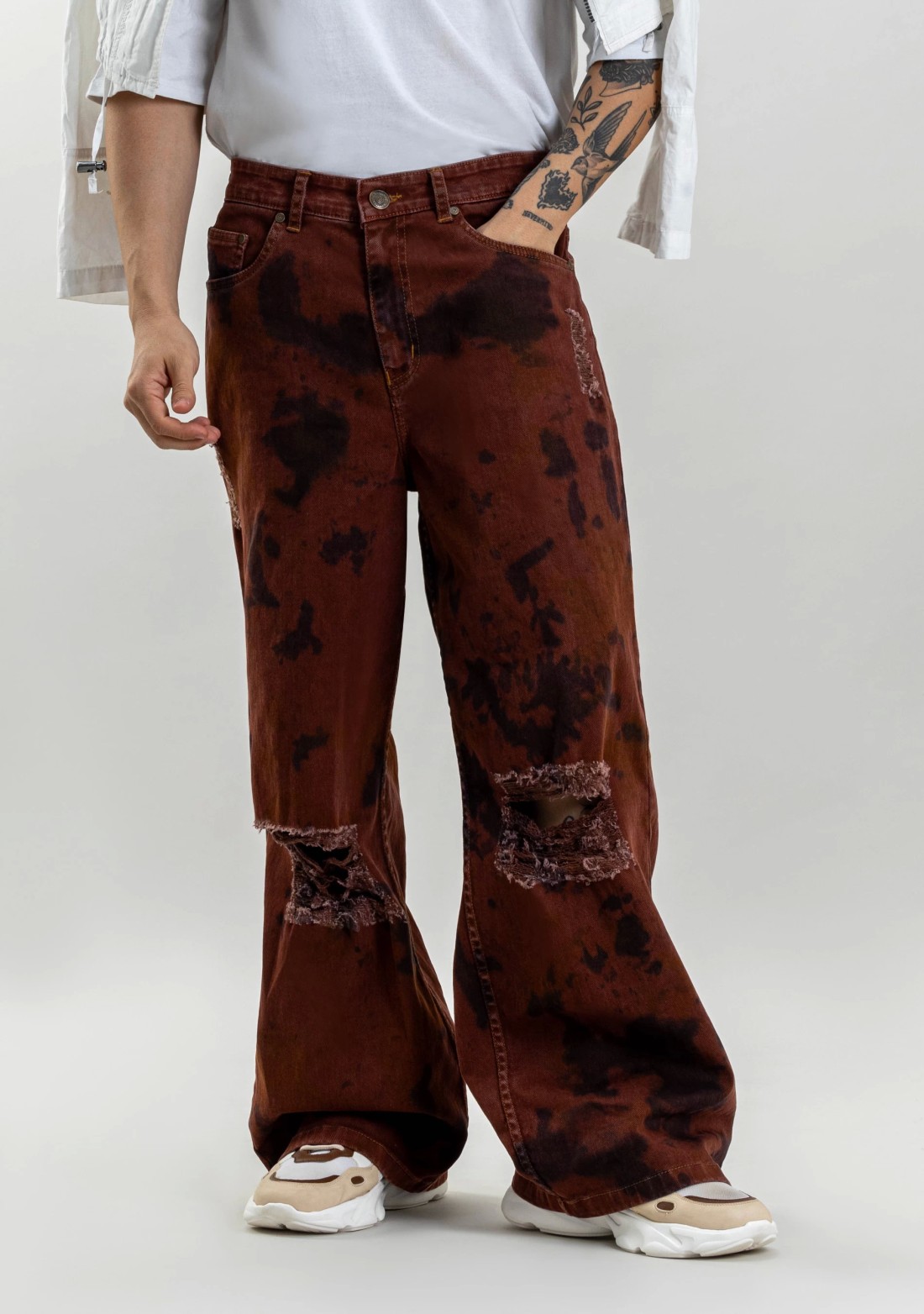 Brownish Rust Wide Leg Men's Distressed Jeans