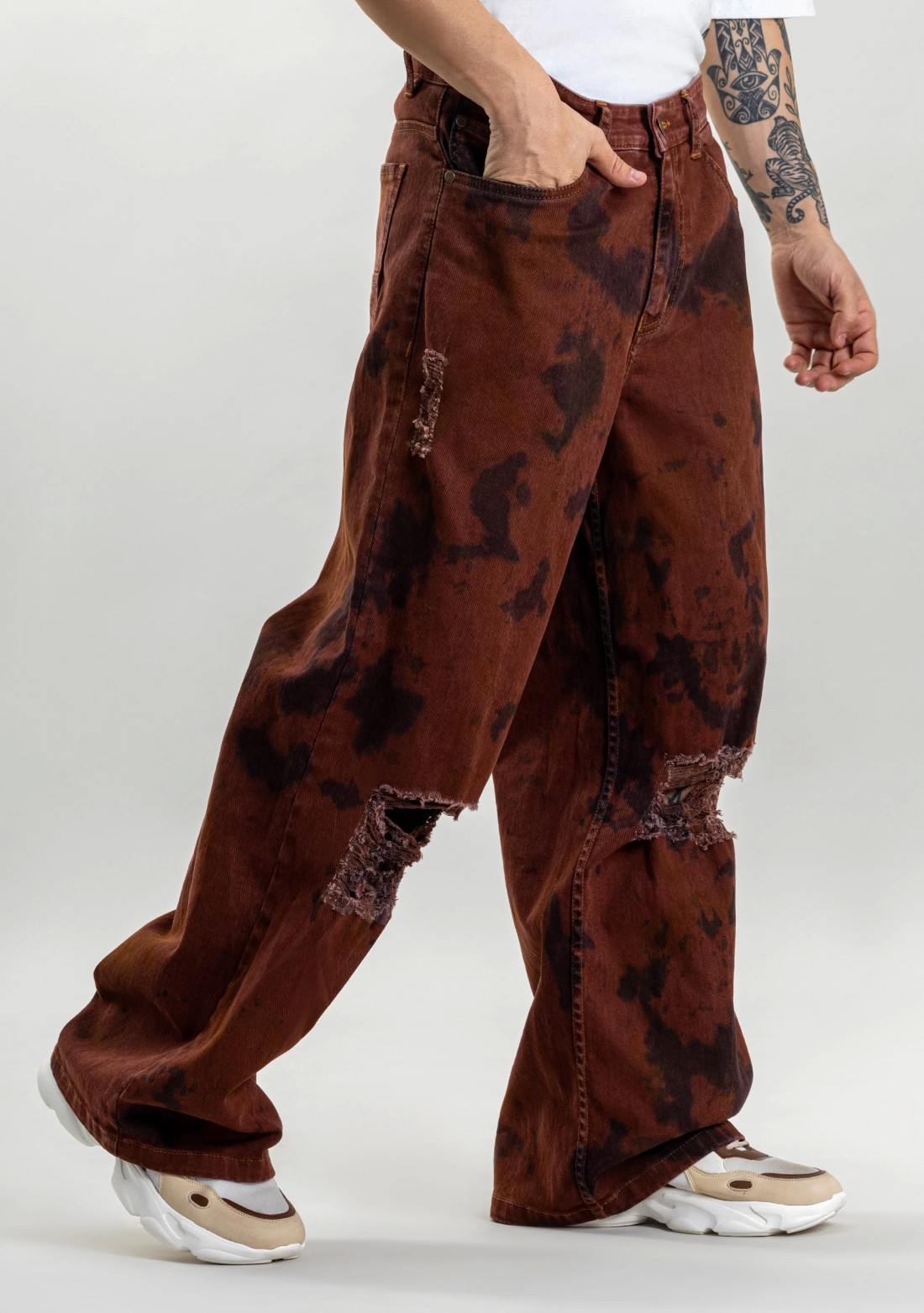 Brownish Rust Wide Leg Men's Distressed Jeans