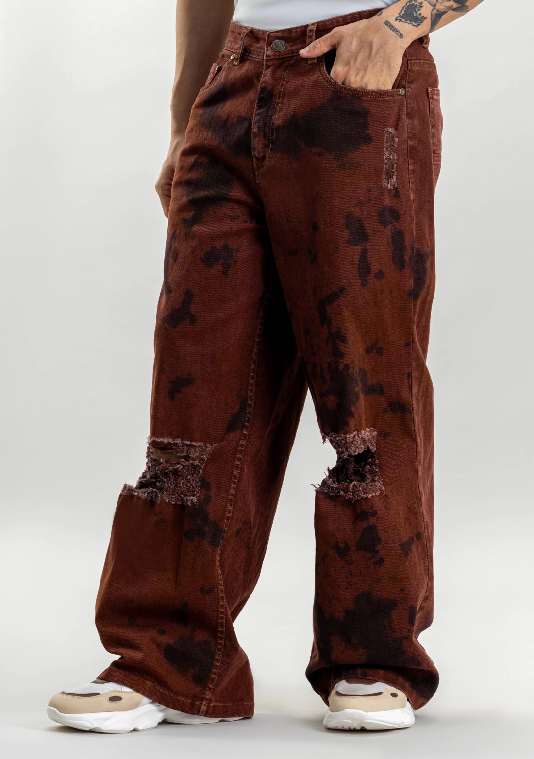 Brownish Rust Wide Leg Men's Distressed Jeans