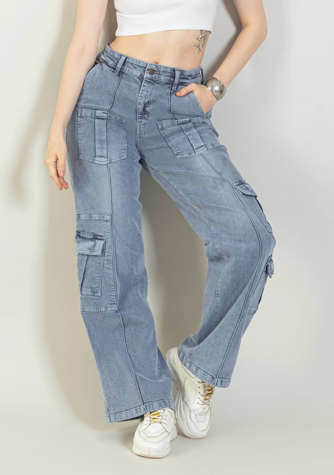 Grey Wide Leg Multi Pockets Women's Jeans