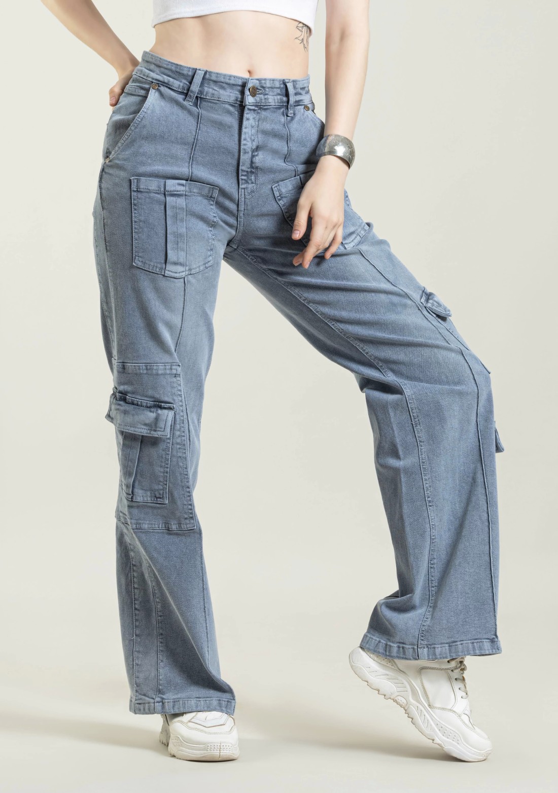 Grey Wide Leg Multi Pockets Women's Jeans