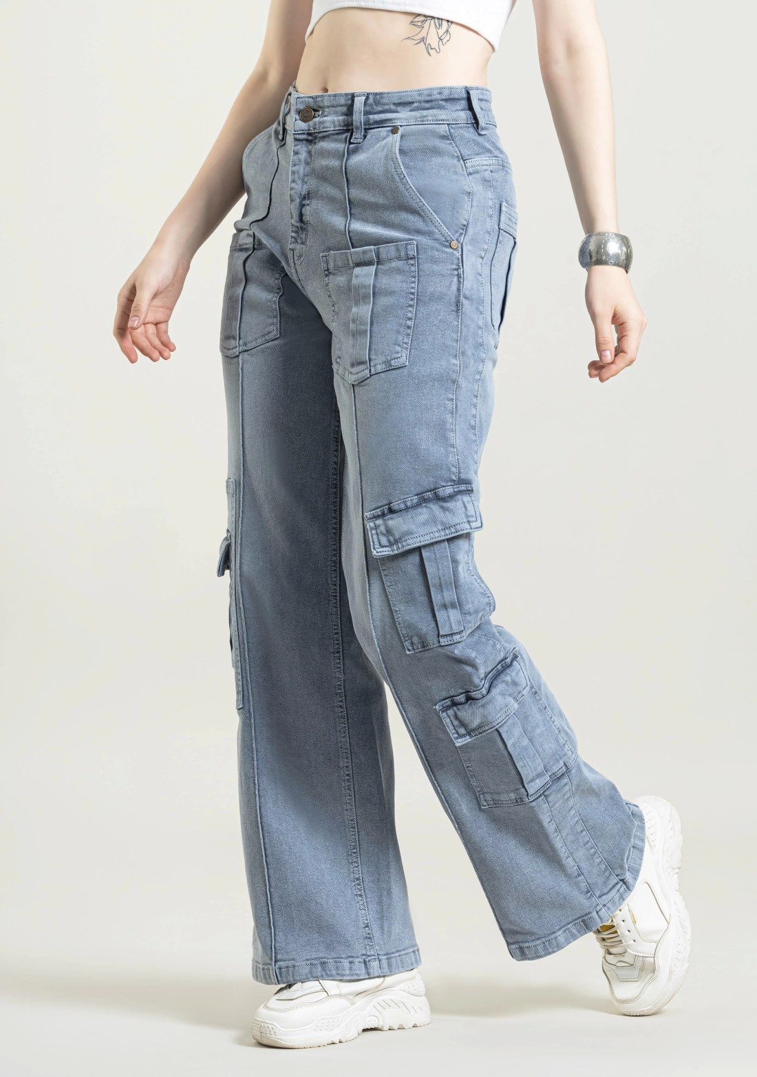 Grey Wide Leg Multi Pockets Women's Jeans