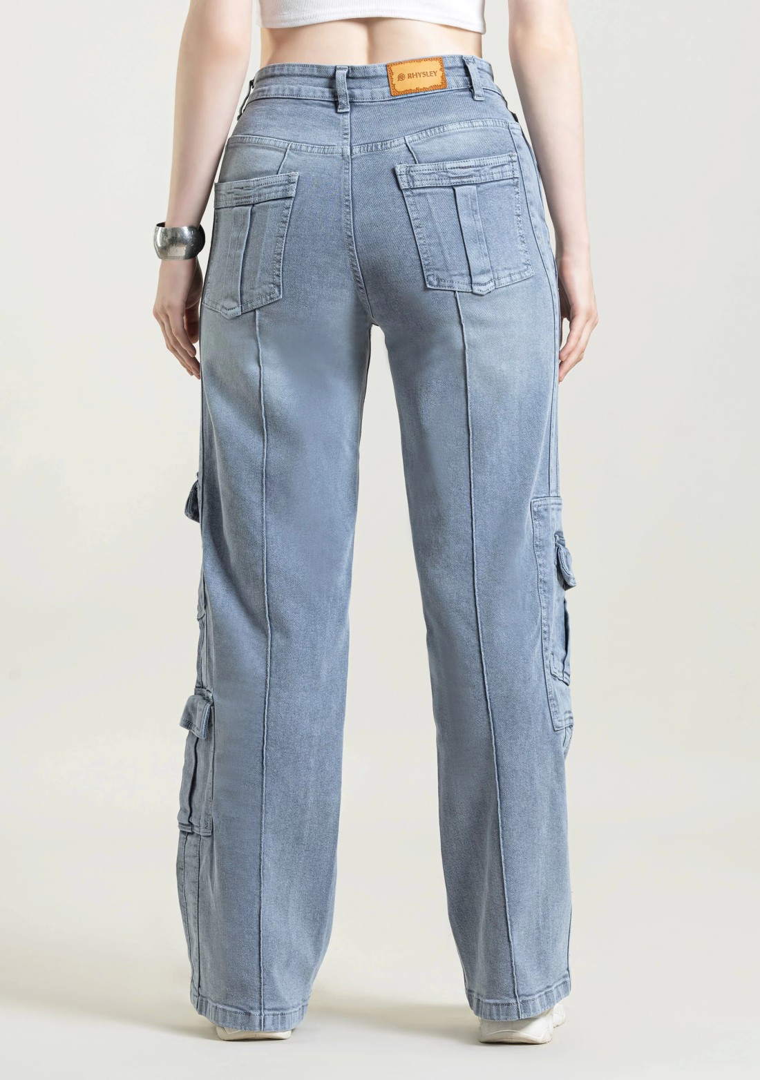 Grey Wide Leg Multi Pockets Women's Jeans