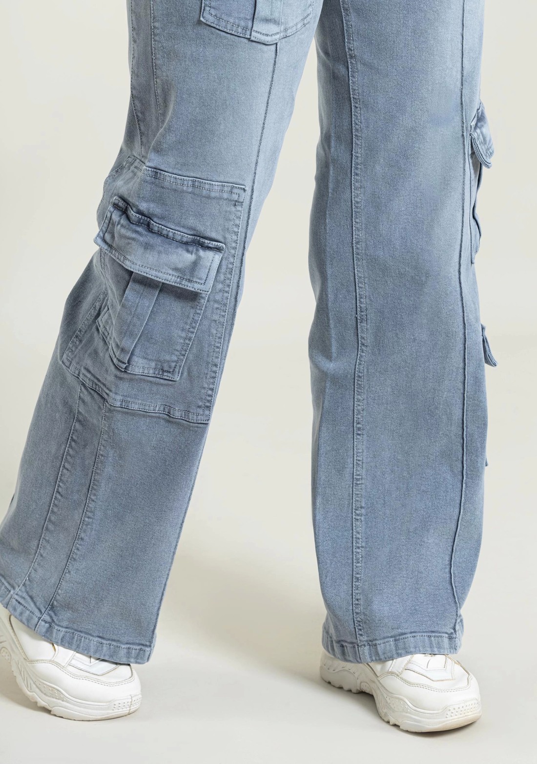 Grey Wide Leg Multi Pockets Women's Jeans