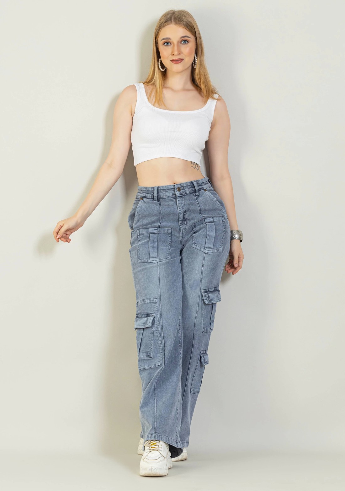 Grey Wide Leg Multi Pockets Women's Jeans