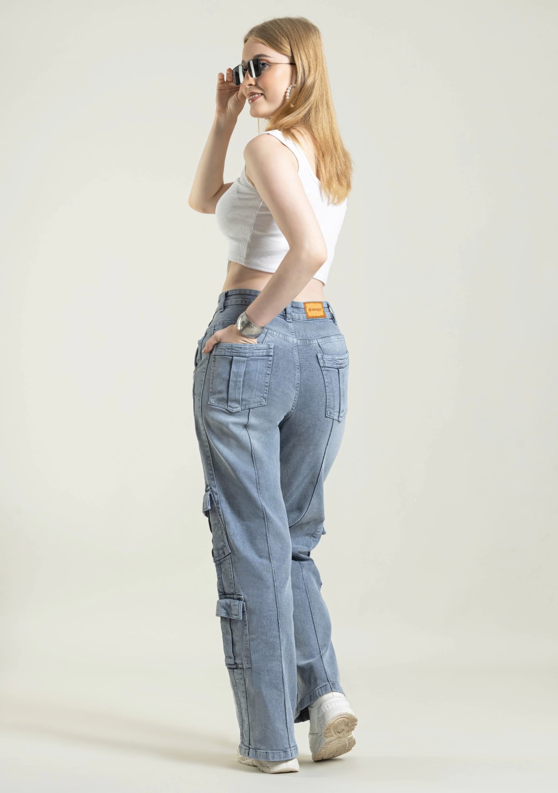 Grey Wide Leg Multi Pockets Women's Jeans