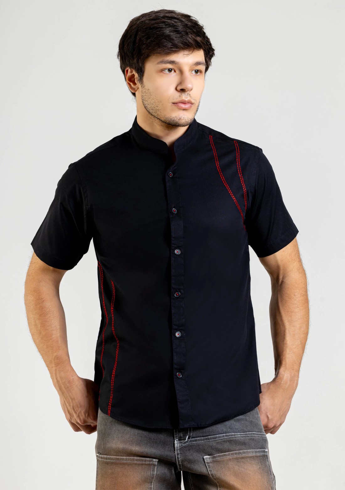 Black Slim Fit Cotton Shirt with Thread Highlights