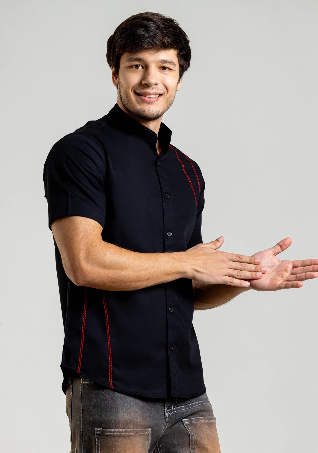 Black Slim Fit Cotton Shirt with Thread Highlights