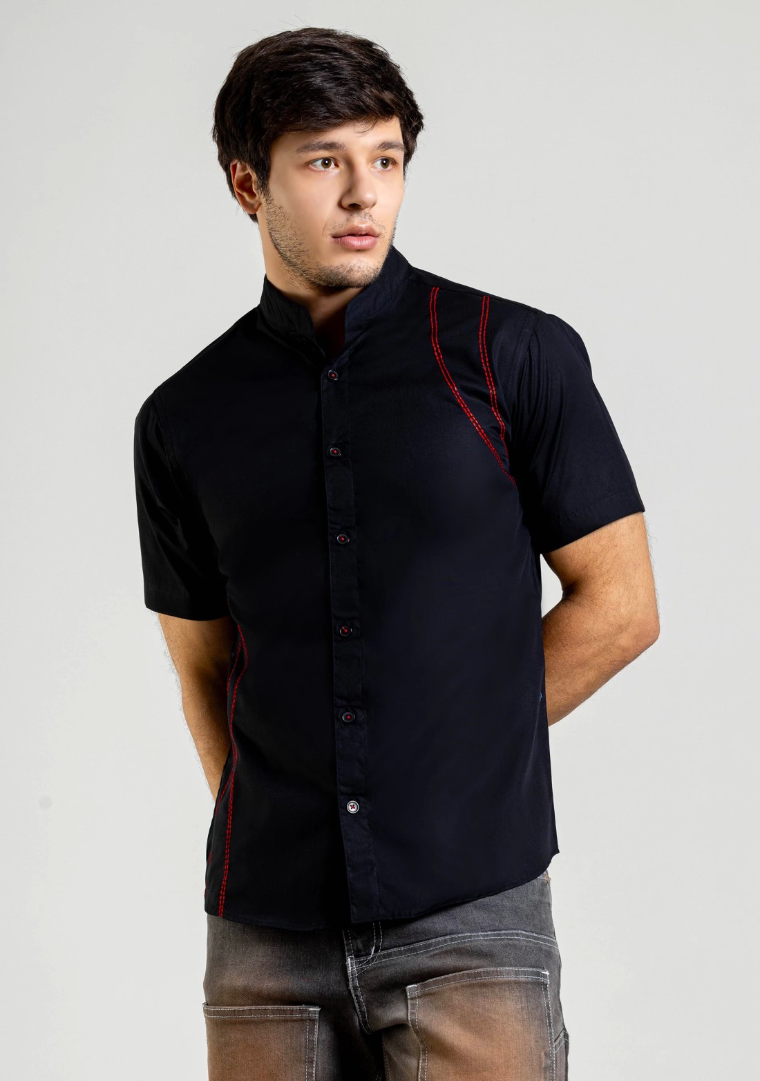 Black Slim Fit Cotton Shirt with Thread Highlights