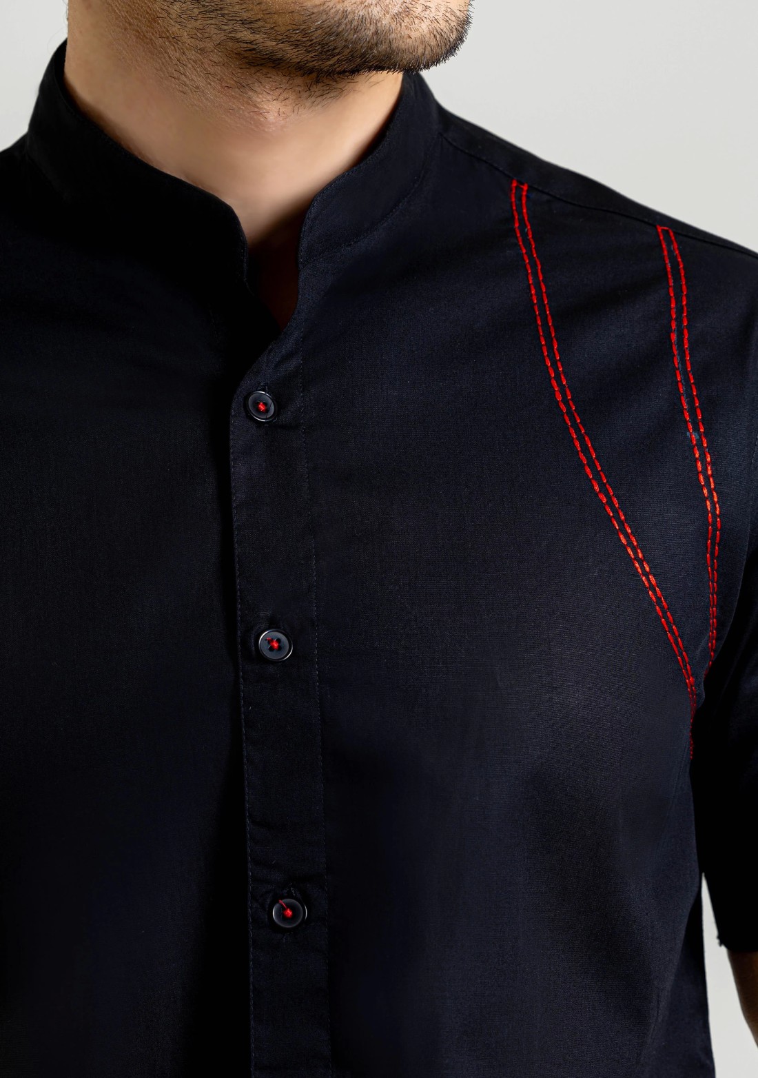 Black Slim Fit Cotton Shirt with Thread Highlights