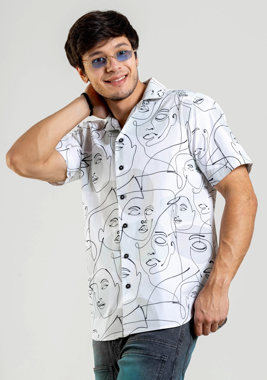 Graphic Face Print White Regular Fit Cotton Shirt