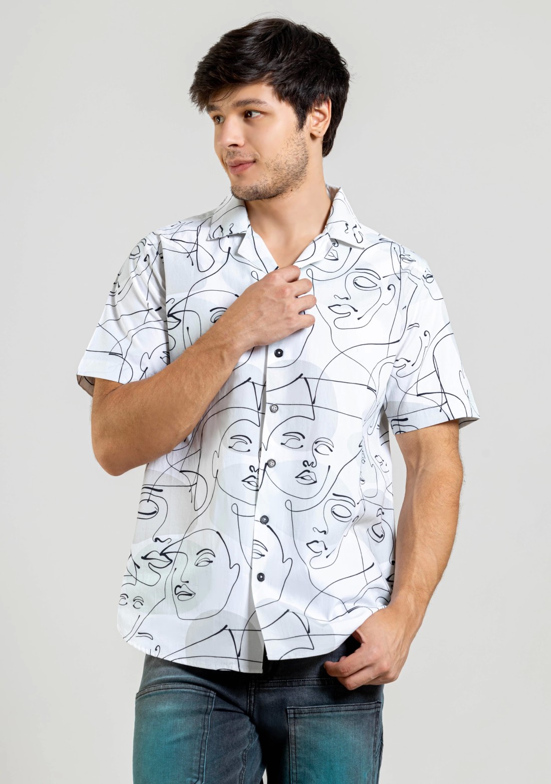 Graphic Face Print White Regular Fit Cotton Shirt