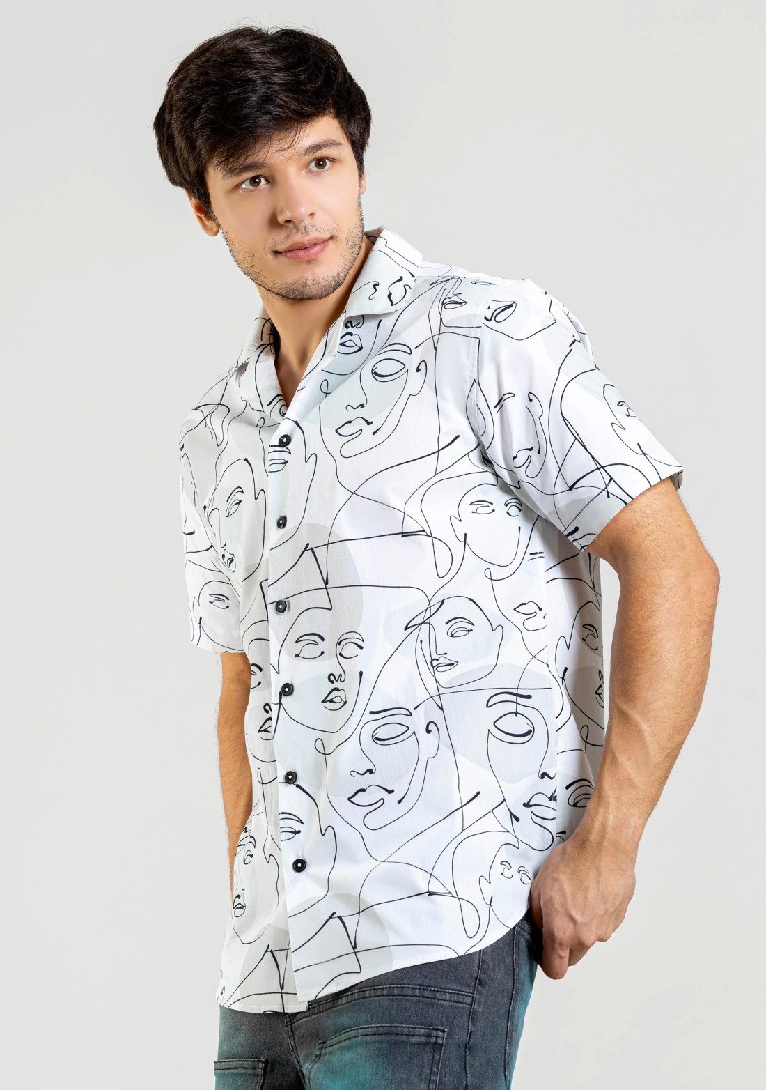 Graphic Face Print White Regular Fit Cotton Shirt